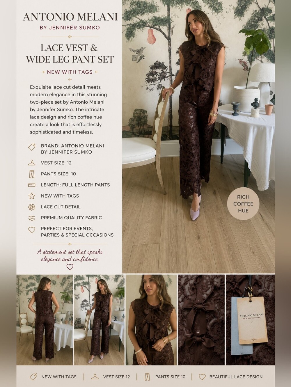 Lace Vest & Wide Leg Pants Set — Rich Coffee